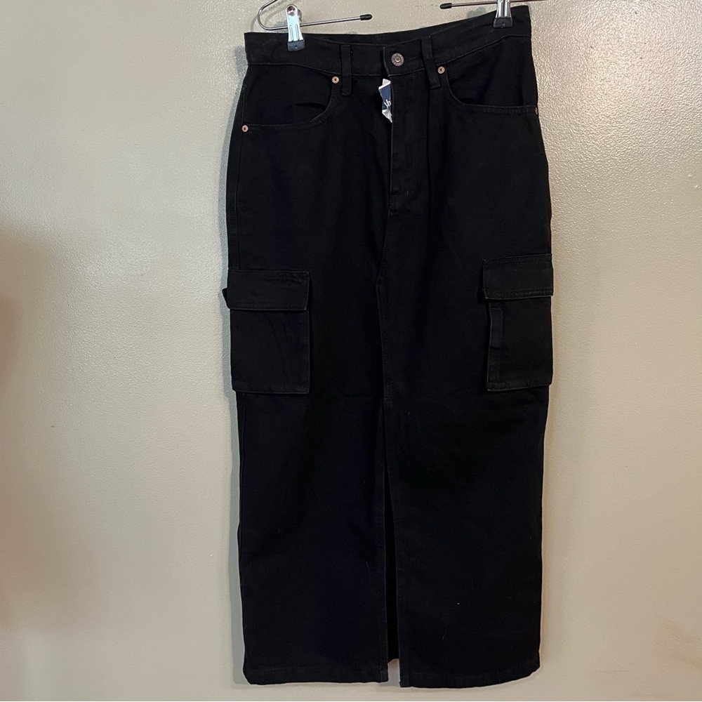 Sincerely Jules Womens Black Cargo Denim Skirt Front Slit Cotton Pockets 27 New